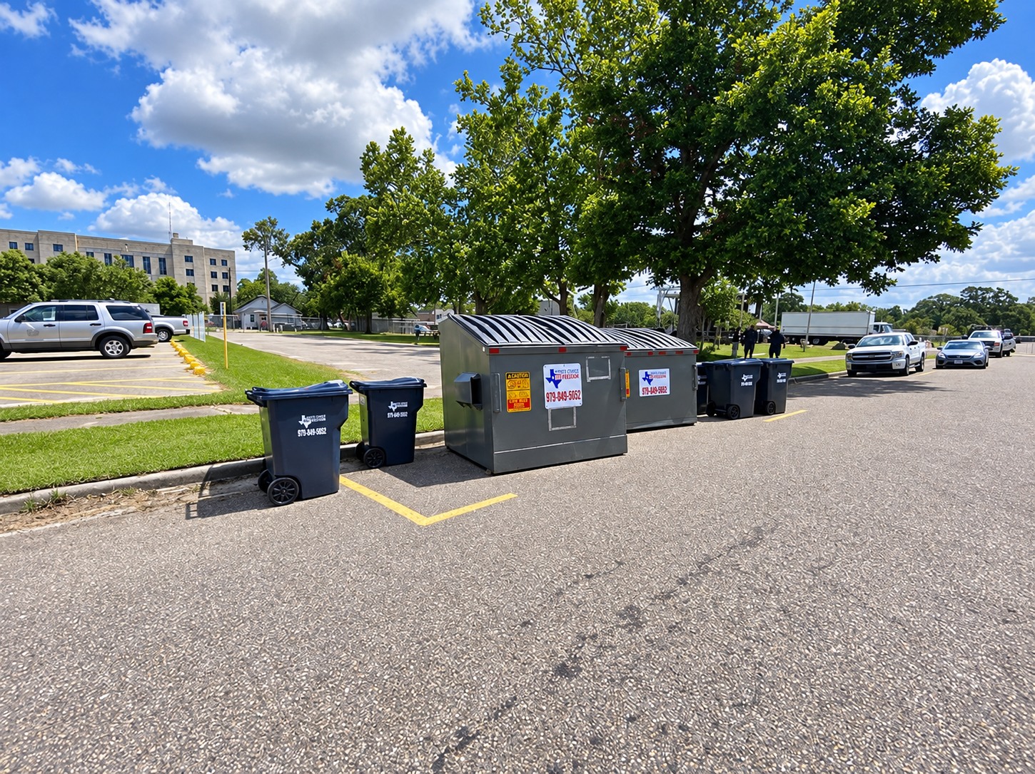 Waste Choice Freedom carts and dumpsters ready for service on a neighborhood street