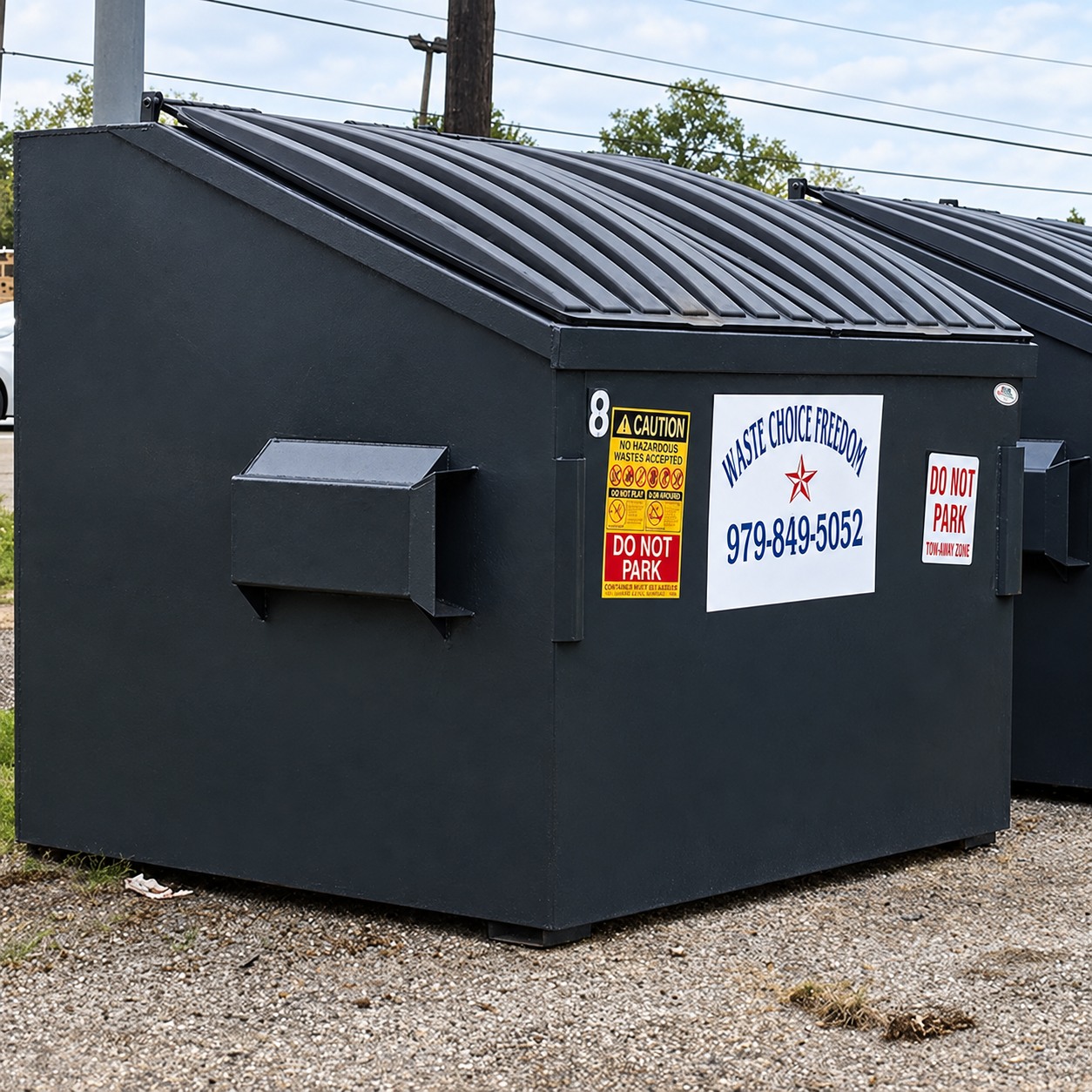 Waste Choice Freedom commercial dumpster with the company phone number